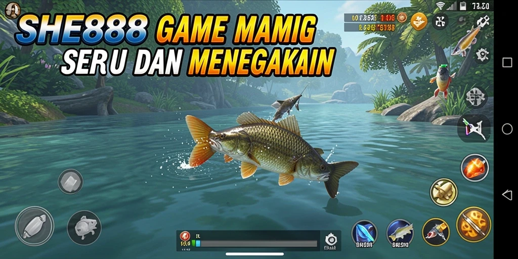 Tampilan gameplay SHE888 saat memancing ikan di lokasi indah.